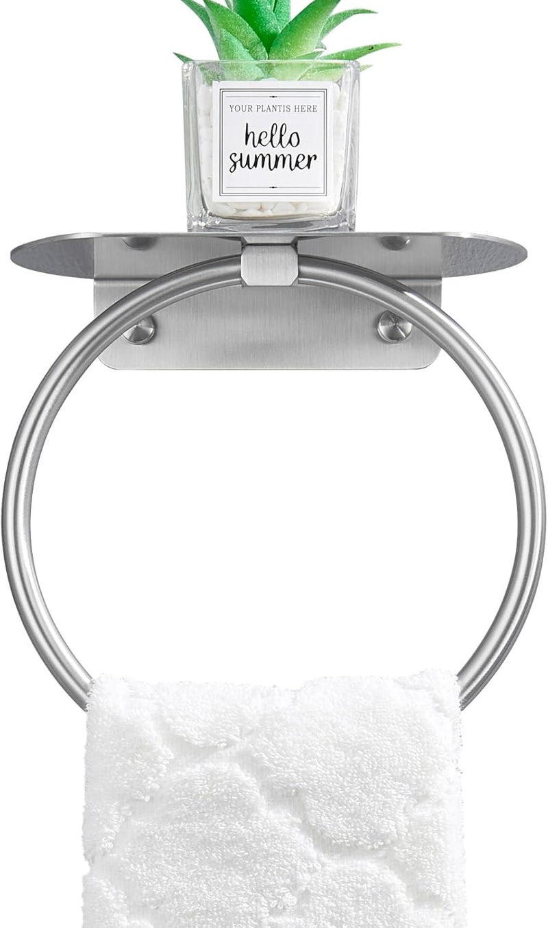 APLusee Towel Ring with Shelf Brushed Nickel, 304 Stainless Steel Rustproof Wall Mounted Holder, Space-Saving Storage for Hand Towels & Bathroom Essentials - Image 1